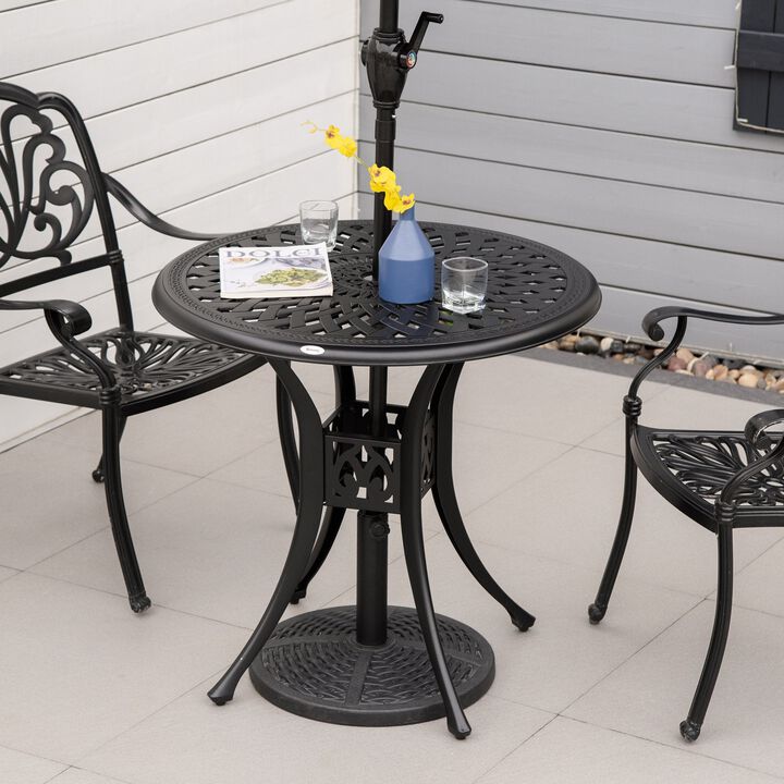 30" Round Patio Dining Table with Umbrella Hole, Antique Cast Aluminum Outdoor Bistro Table, Black