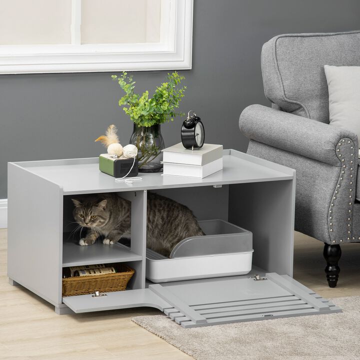 Cat Hidden Litter Box Enclosure Side Table, Cat Washroom Storage with Spacious Space, Large Front Door with Hinges, Elevated Bottom, Grey