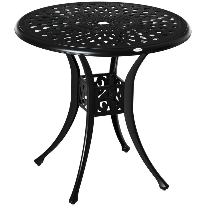 30" Round Patio Dining Table with Umbrella Hole, Antique Cast Aluminum Outdoor Bistro Table, Black