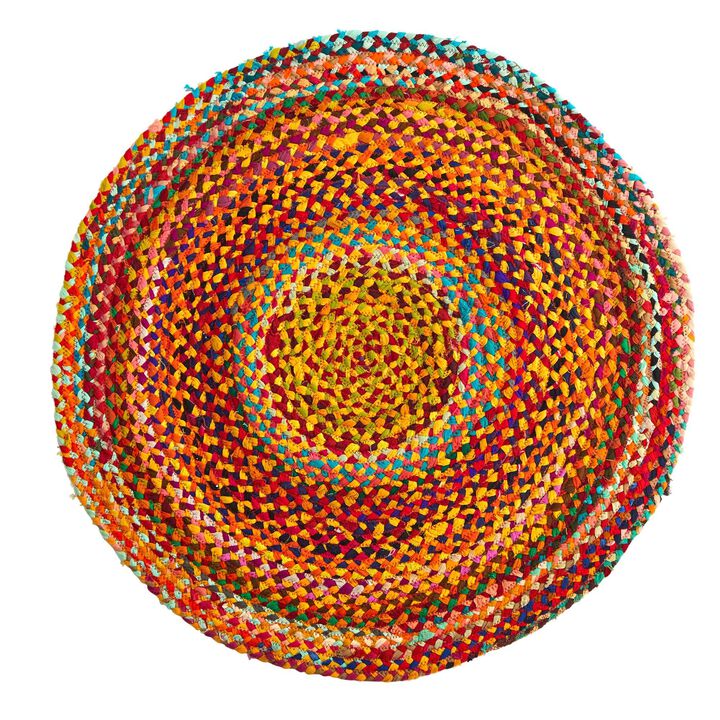 Nearly Natural 3-ft x 3-ft Hand Braided Boho Colorful Chindi Round Rug