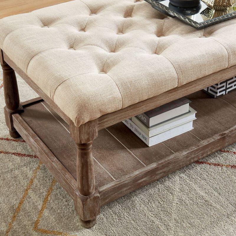 Linen and Wood Bench with Open Shelf in Beige