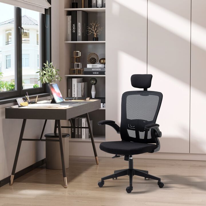 High Back Mesh Chair, Home Office Task Computer Chair with Adjustable Height, Lumbar Back Support, Headrest, and Arms, Black