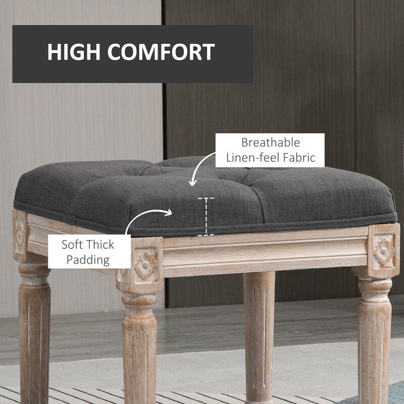 15.75" Vintage Ottoman, Tufted Foot Stool with Upholstered Seat, Rustic Wood Legs for Bedroom, Living Room, Grey