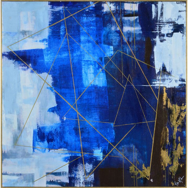 Blue and Gold Abstract Square Framed Wall Art 40" x 40"