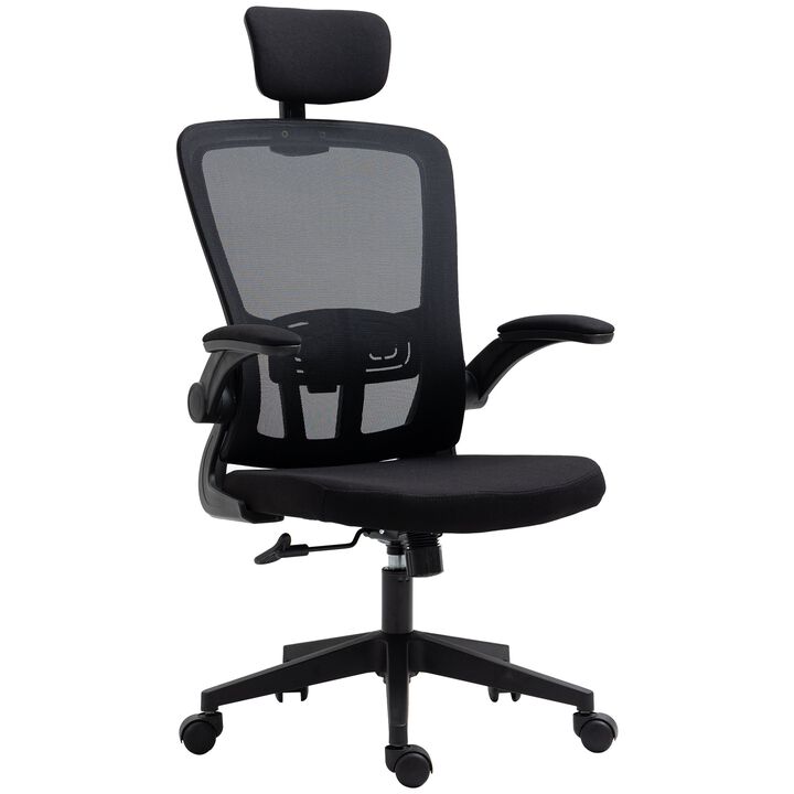High Back Mesh Chair, Home Office Task Computer Chair with Adjustable Height, Lumbar Back Support, Headrest, and Arms, Black