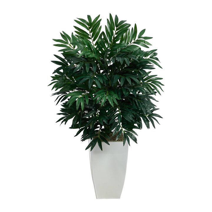 Nearly Natural 3-ft Bamboo Palm Artificial Plant in White Metal Planter