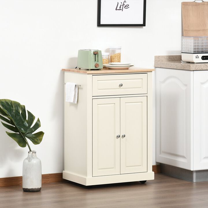 Rolling Kitchen Island Cart, Portable Serving Trolley Table with Drawer, Adjustable Shelf and 2 Towel Racks, Cream White