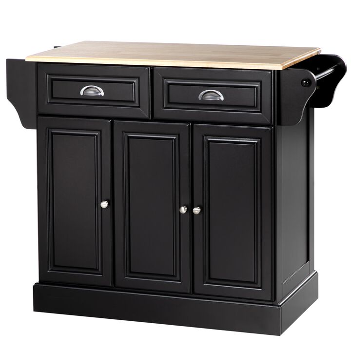 Kitchen Island with Storage Rolling Kitchen Serving Cart with Rubber Wood Top Towel Rack Storage Drawer Cabinet Black
