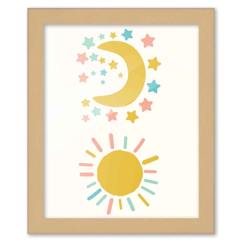 8x10 Framed Nursery Wall Art Boho Rainbow Sun Moon & Stars Poster In Natural Wood Frame For Kid Bedroom or Playroom