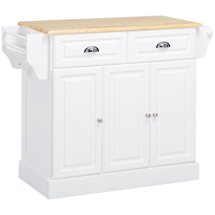 Kitchen Island with Storage Rolling Kitchen Serving Cart with Rubber Wood Top Towel Rack Storage Drawer Cabinet White