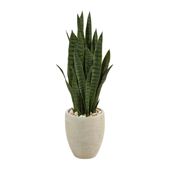 Nearly Natural 40-in Sansevieria Artificial Plant in Sand Colored Planter