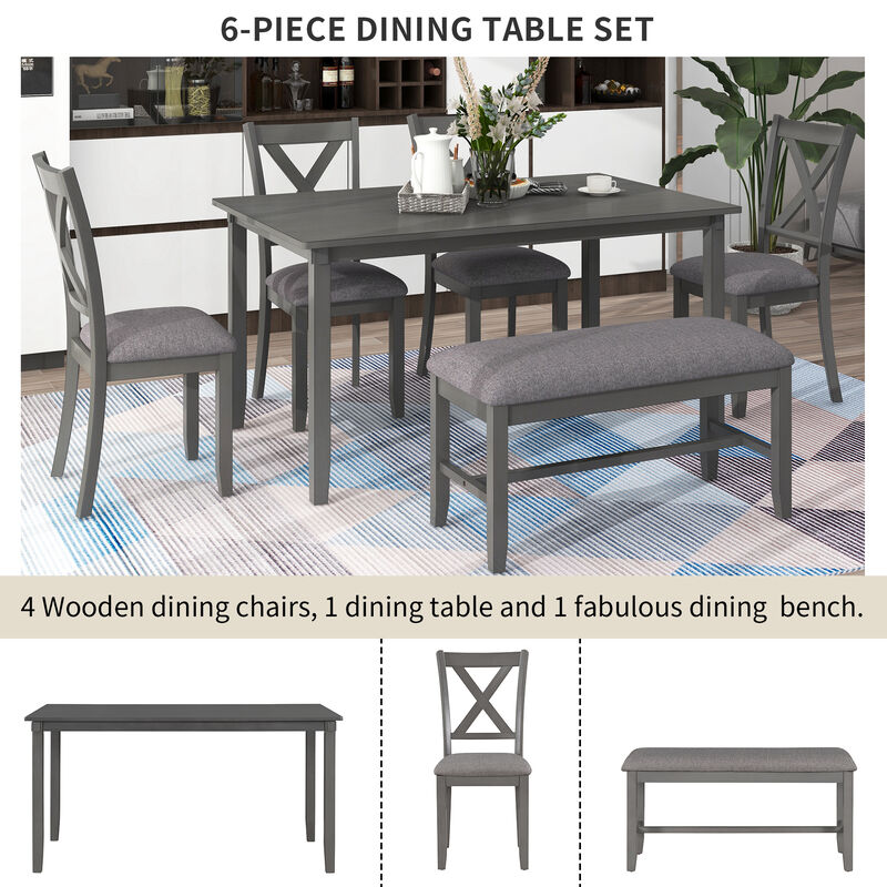 Merax 6-Piece Kitchen Dining Table Set Wooden Rectangular Dining Table, 4 Fabric Chairs and Bench Family Furniture
