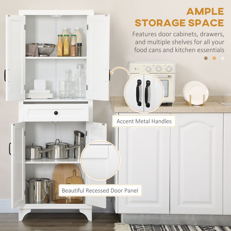 67" 4-Door Pantry Cabinets, Kitchen Storage Cabinet with Drawer and Adjustable Shelves, White