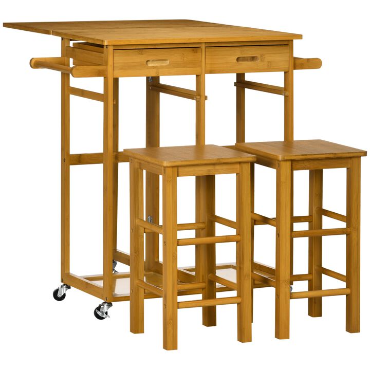 Bamboo Breakfast Cart 3 Piece Kitchen Trolley with Drop Leaf Table and 2 Square Stools, Brown