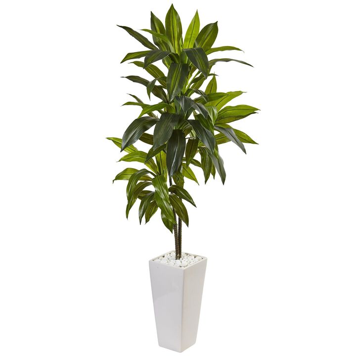 Nearly Natural 3-ft Dracaena Plant in White Tower Planter (Real Touch)