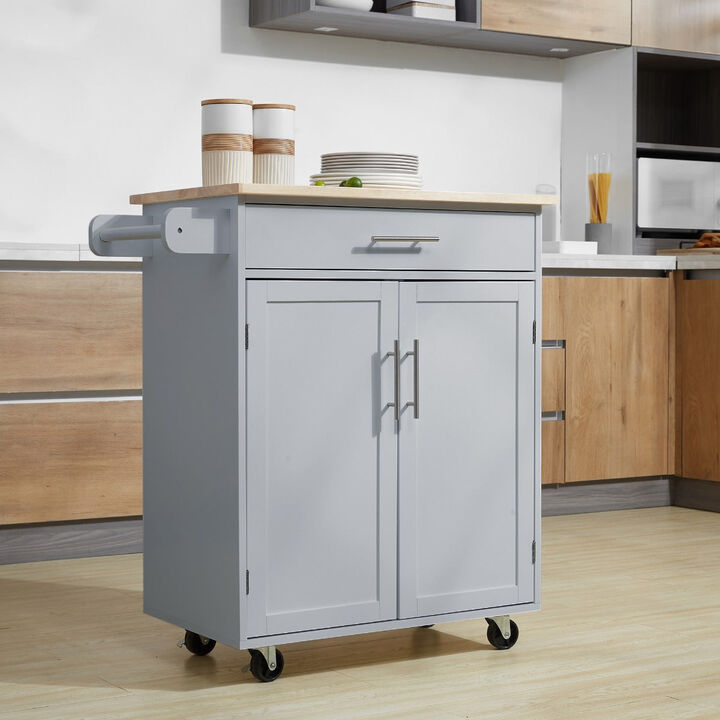 Kitchen Island Cart Rolling Trolley Cart with Drawer, Storage Cabinet & Towel Rack, Grey
