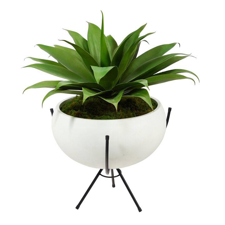 Nearly Natural 30-in Agave Succulent Plant in White Planter with Metal Stand