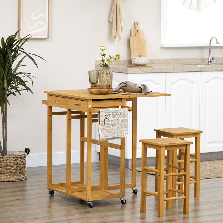 Bamboo Breakfast Cart 3 Piece Kitchen Trolley with Drop Leaf Table and 2 Square Stools, Brown