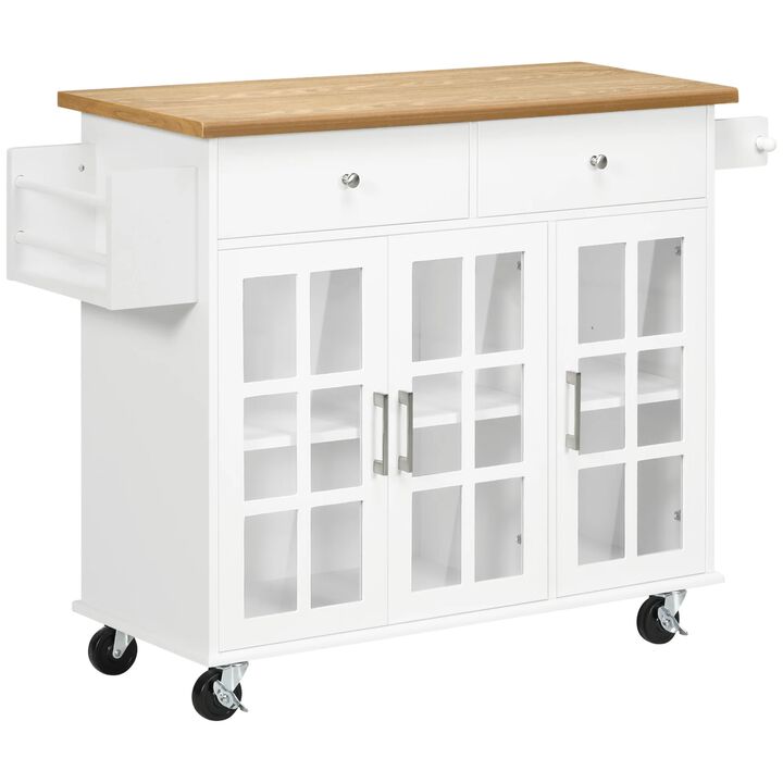 Rolling Kitchen Island with Storage, Utility Kitchen Cart with 2 Drawers, 2 Cupboards, Towel Rack and Spice Rack, Microwave Cart for Dining Room, White