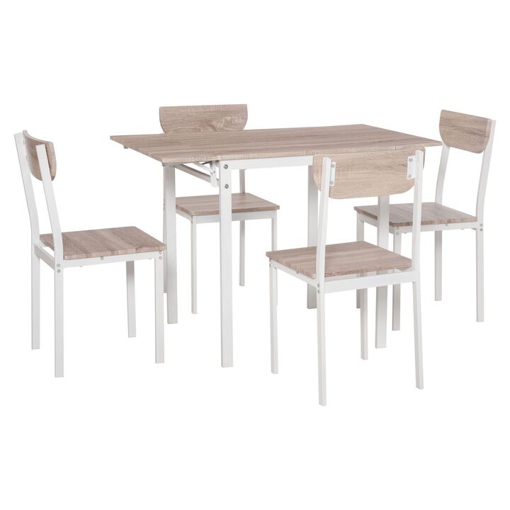 Modern 5 Piece Dining Set,  Dining Room Set with Foldable Drop Leaf, 4 Chairs, and Steel Frame for Kitchen, Dining Table Set for 4, Oak/White