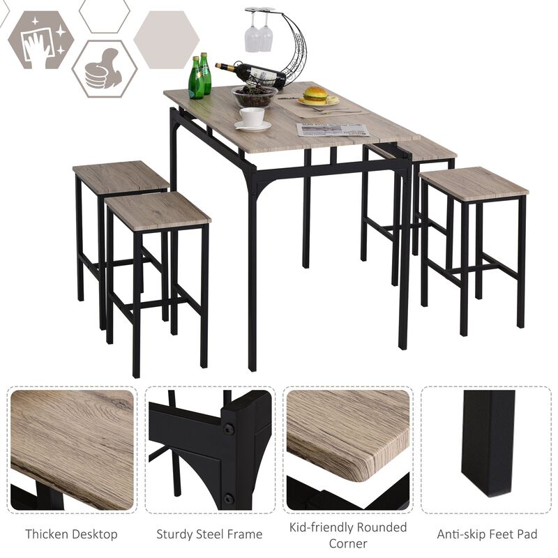 5 Piece Modern Dining Table and 4 Stools Industrial Dining Set with Footrest & Metal Legs, For Kitchen, Natural Wood