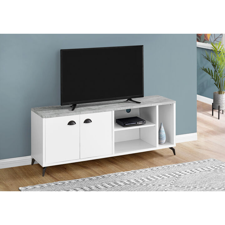 Monarch Specialties I 2841 Tv Stand, 60 Inch, Console, Media Entertainment Center, Storage Cabinet, Living Room, Bedroom, Laminate, Metal, Grey, White, Contemporary, Modern
