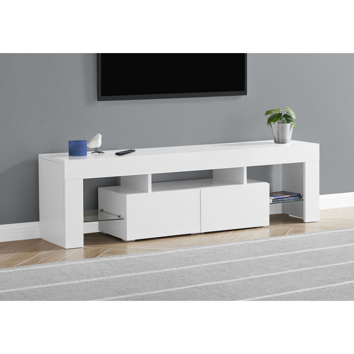 Monarch Specialties I 3548 Tv Stand, 63 Inch, Console, Media Entertainment Center, Storage Cabinet, Living Room, Bedroom, Laminate, Glossy White, Clear, Contemporary, Modern