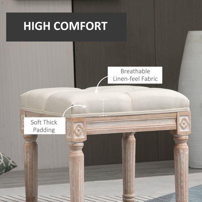 15.75" Vintage Ottoman, Tufted Foot Stool with Upholstered Seat, Rustic Wood Legs for Bedroom, Living Room, Beige