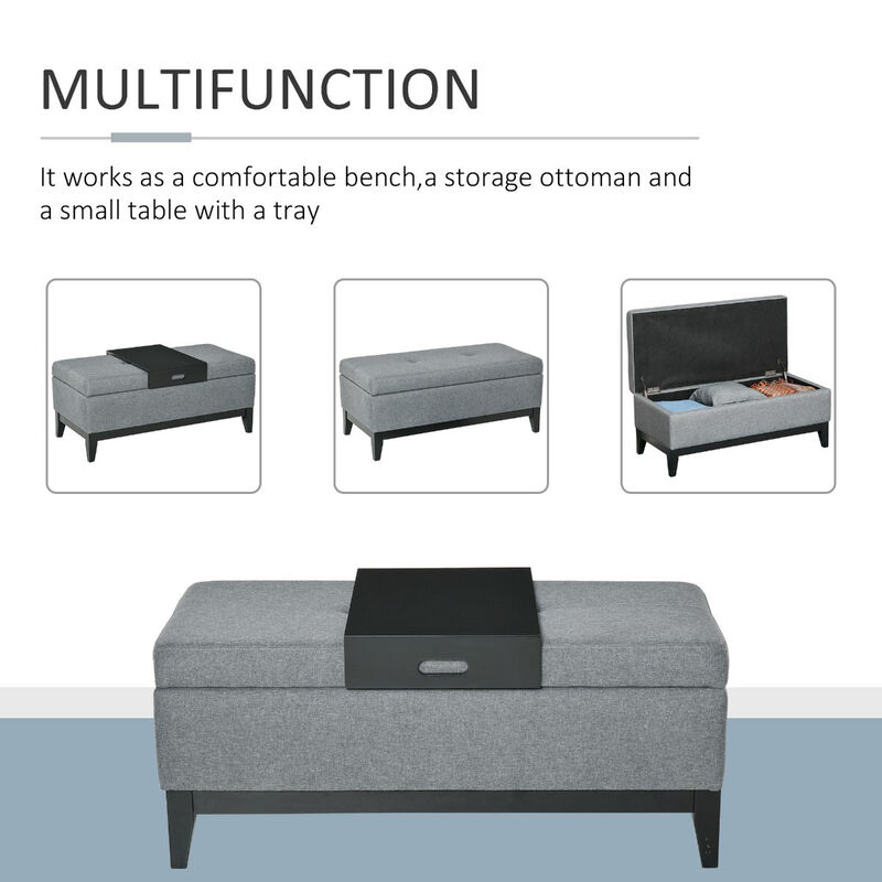 42" Rectangular Linen Fabric Storage Ottoman Bench with Removable Tray for Living Room, Entryway, or Bedroom, Charcoal Grey
