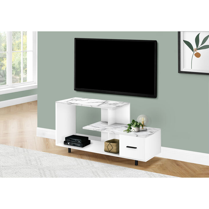 Monarch Specialties I 2609 Tv Stand, 48 Inch, Console, Media Entertainment Center, Storage Drawer, Living Room, Bedroom, Laminate, White Marble Look, Contemporary, Modern