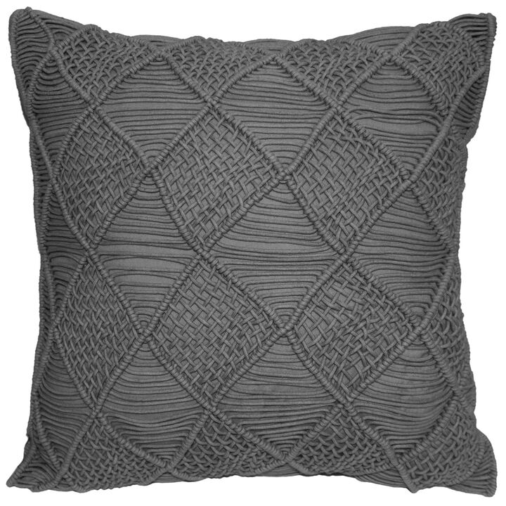 22" Gray Diamond Macrame Square Throw Pillow