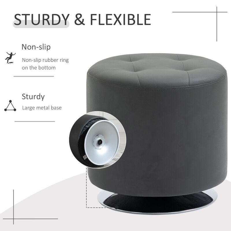 360° Swivel Foot Stool Round PU Ottoman with Thick Sponge Padding and Solid Steel Base, Grey