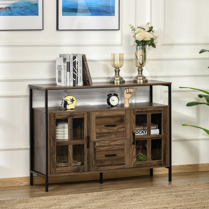 Rustic Kitchen Sideboard, Serving Buffet Cabinet with Adjustable Shelves, Glass Doors, and 2 Drawers for Living Room, Dark Walnut
