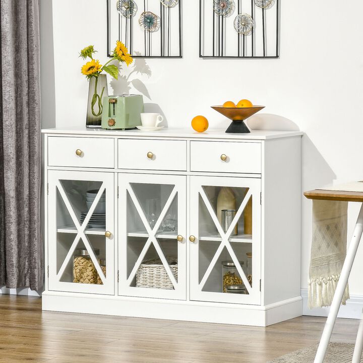 Modern Sideboard Buffet, Farmhouse Style Buffet Cabinet with Bronze Handle, Glass Barn Door and Magnetic Closure, 3 Drawers, Coffee Bar, White