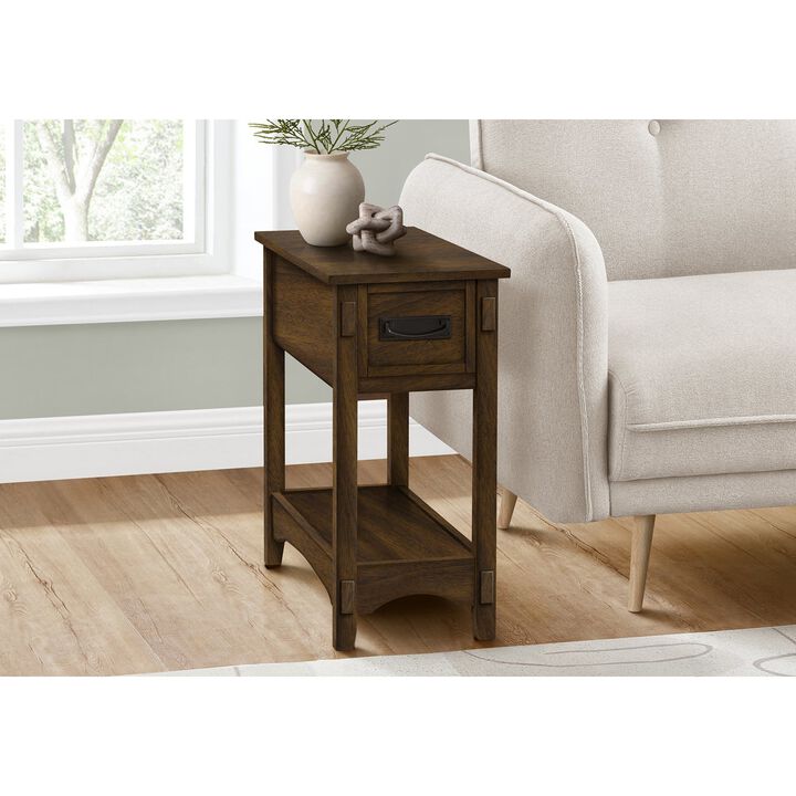 Monarch Specialties I 3955 - Accent Table, End, Side Table, Nightstand, 2 Tier, Narrow, Storage Drawer, Brown Veneer, Transitional