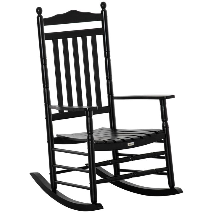 Traditional Wooden High-Back Rocking Chair for Porch, Indoor/Outdoor, Black