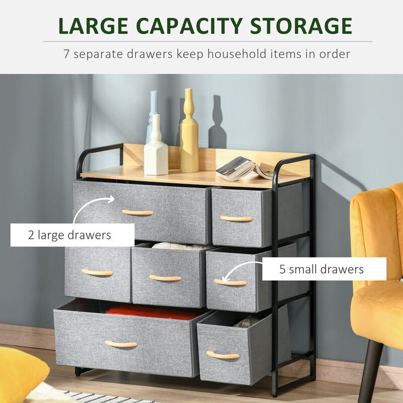 7-Drawer Dresser, Fabric Chest of Drawers, 3-Tier Storage Organizer for Hallway Entryway, Tower Unit with Steel Frame Wooden Top Light Grey