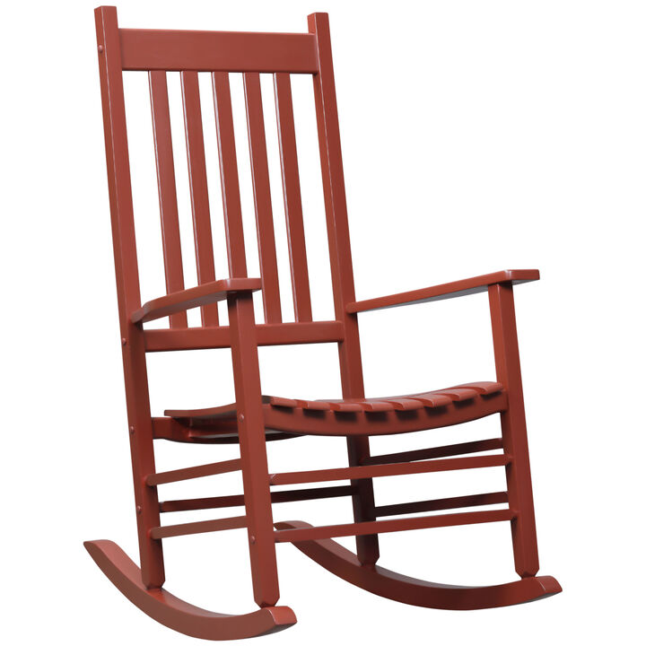 Outdoor Rocking Chair, Wooden Rustic High Back All Weather Rocker, Slatted for Indoor, Backyard & Patio, Wine Red
