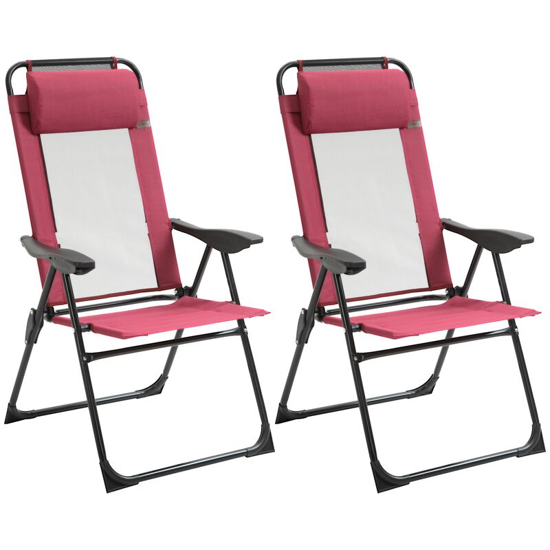 Set of 2 Portable Folding Recliner Outdoor Patio Chaise Lounge Chair with Adjustable Backrest, Red