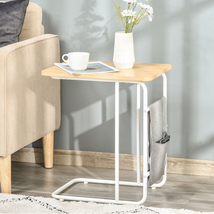 Industrial End Table, C-Shaped Side Table with Storage Bag for Living Room, Bedroom, White, Grey, Oak