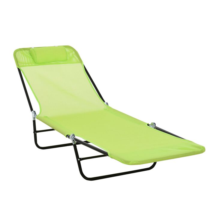 Portable Sun Lounger, Lightweight Folding Chaise Lounge Chair w/ Adjustable Backrest & Pillow for Beach, Poolside and Patio, Green & Black