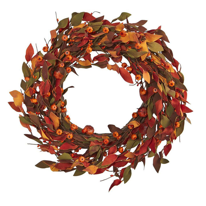 Nearly Natural 20-in Harvest Leaf and Mini Pumpkin Artificial Wreath