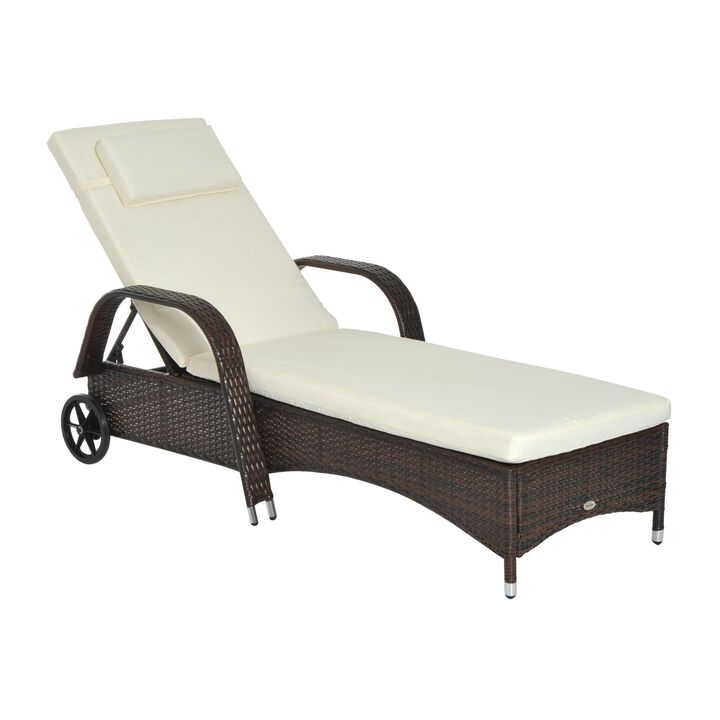 Patio Wicker Chaise Lounge, PE Rattan Outdoor Lounge Chair with Cushion, Height Adjustable Backrest & Wheels, Mixed Brown