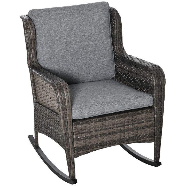 Patio Wicker Rocking Chair, Outdoor PE Rattan Swing Chair w/ Soft Cushions, Classic Style for Garden, Patio, Lawn, Mixed Grey