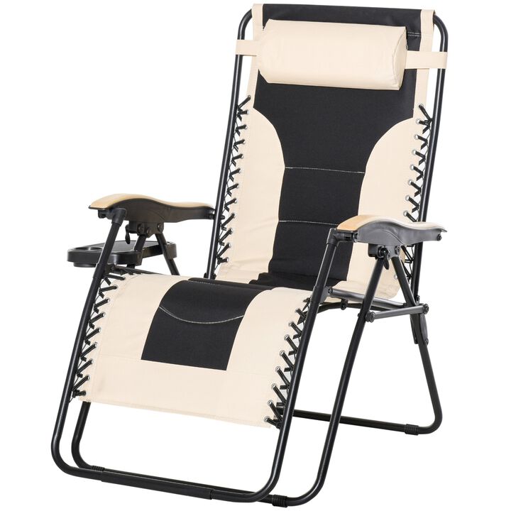 Adjustable Zero Gravity Lounge Chair Folding Patio Recliner with Cup Holder Tray & Headrest  White/Black