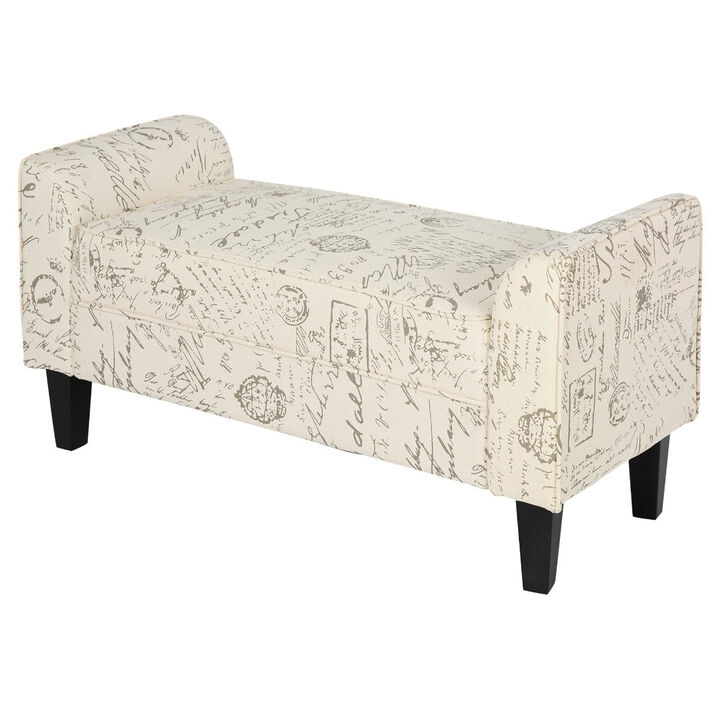 Bedroom Bench, End of Bed Bench with Solid Wood Legs, Linen Fabric Cover and scripted upholstery, Modern Bed Bench, Signature Print