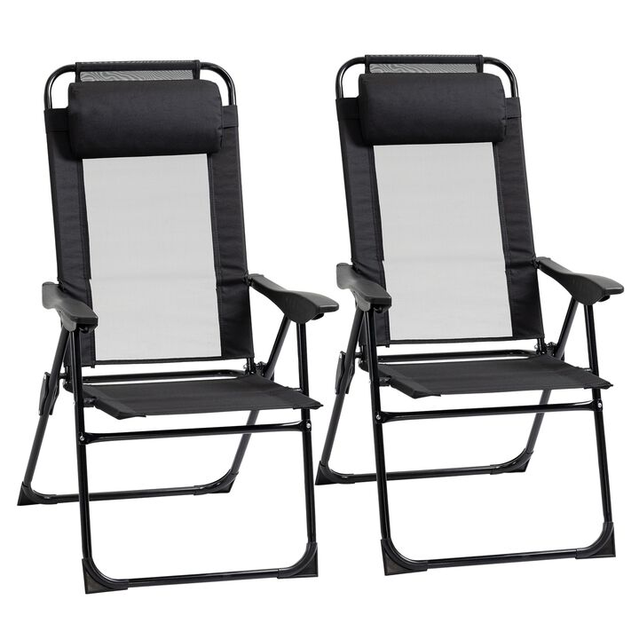 Set of 2 Portable Folding Recliner Outdoor Patio Chaise Lounge Chair with Adjustable Backrest, Black