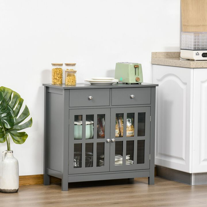 Sideboard Buffet Cabinet, Storage Cupboard with Glass Doors, Adjustable Shelf and 2 Drawers for Kitchen, Grey