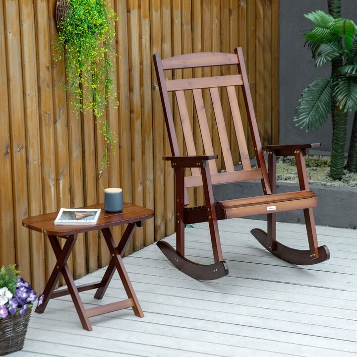 Wooden Outdoor Rocking Chair, 2-Piece Porch Rocker Set with Foldable Table for Patio, Backyard and Garden, Brown
