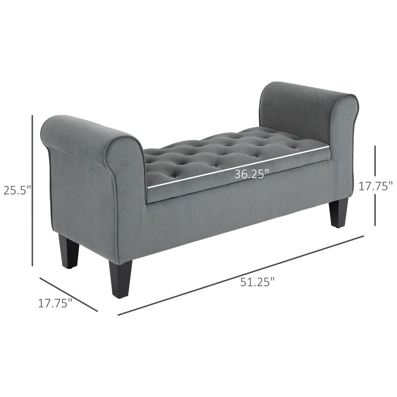 Ottoman with Storage, Button-Tufted Storage Ottoman Bench, Upholstered Bed Bench with Rolled Armrests for Hallway, End of Bed Bench, Grey